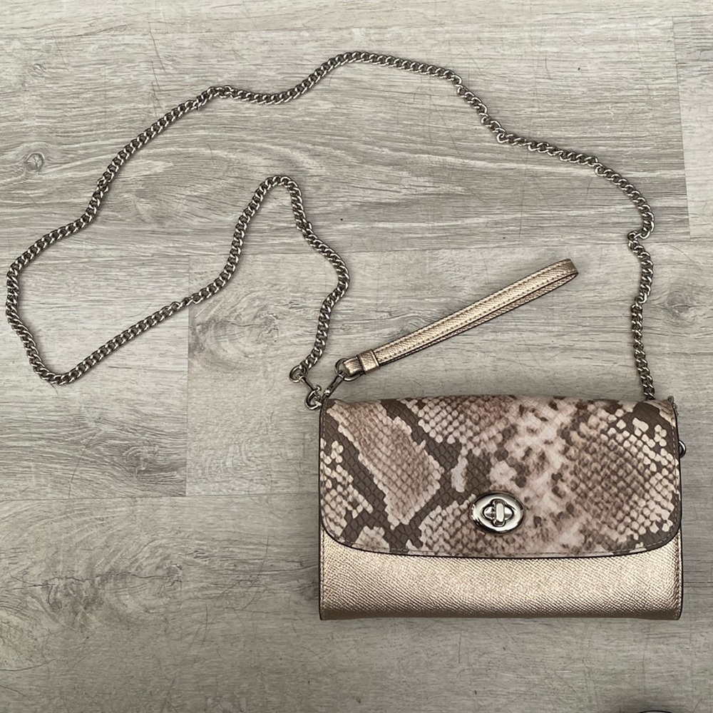Coach Snake Print Crossbody Bag - Brown and Gold